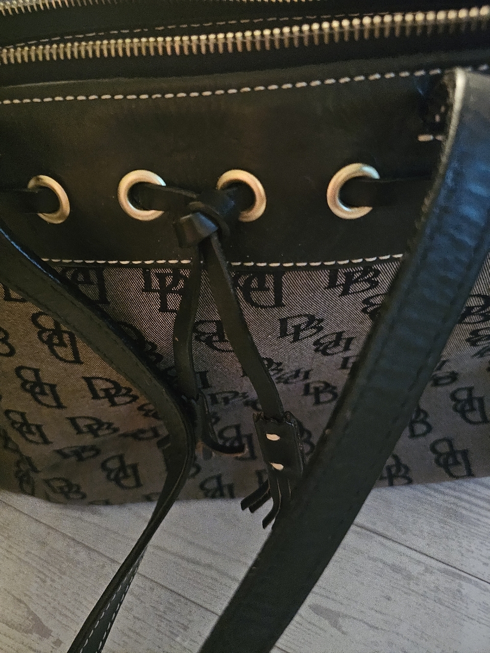 Dooney & Bourke Black Logo-Print Drawstring Tote with Gold Hardware